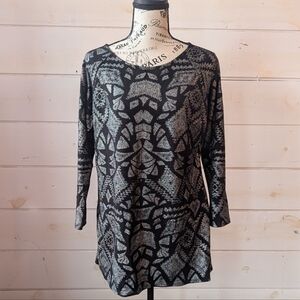 Nygård metallic geometric shift dress black silver 3/4 sleeve size M